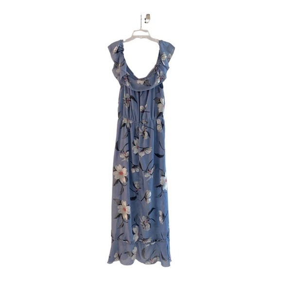 Blush Maxi dress. Shorter front. Ruffles neck down front hem Gorgeous floral L
C - Picture 1 of 14
